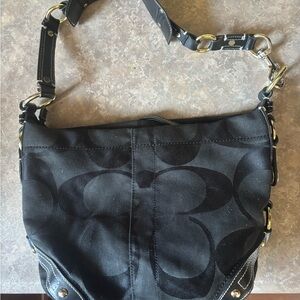 Coach Black Signature Canvas Shoulder Bag with Chain Accent